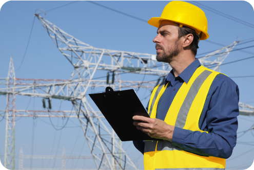 An electric line worker with safety hat and vest is holding a clip board, standing in front of large transmission lines.